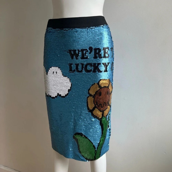Designer Wonan’s Pencil Skirt Smiley Clouds Size Small Sequin Midi Lined - Picture 1 of 9